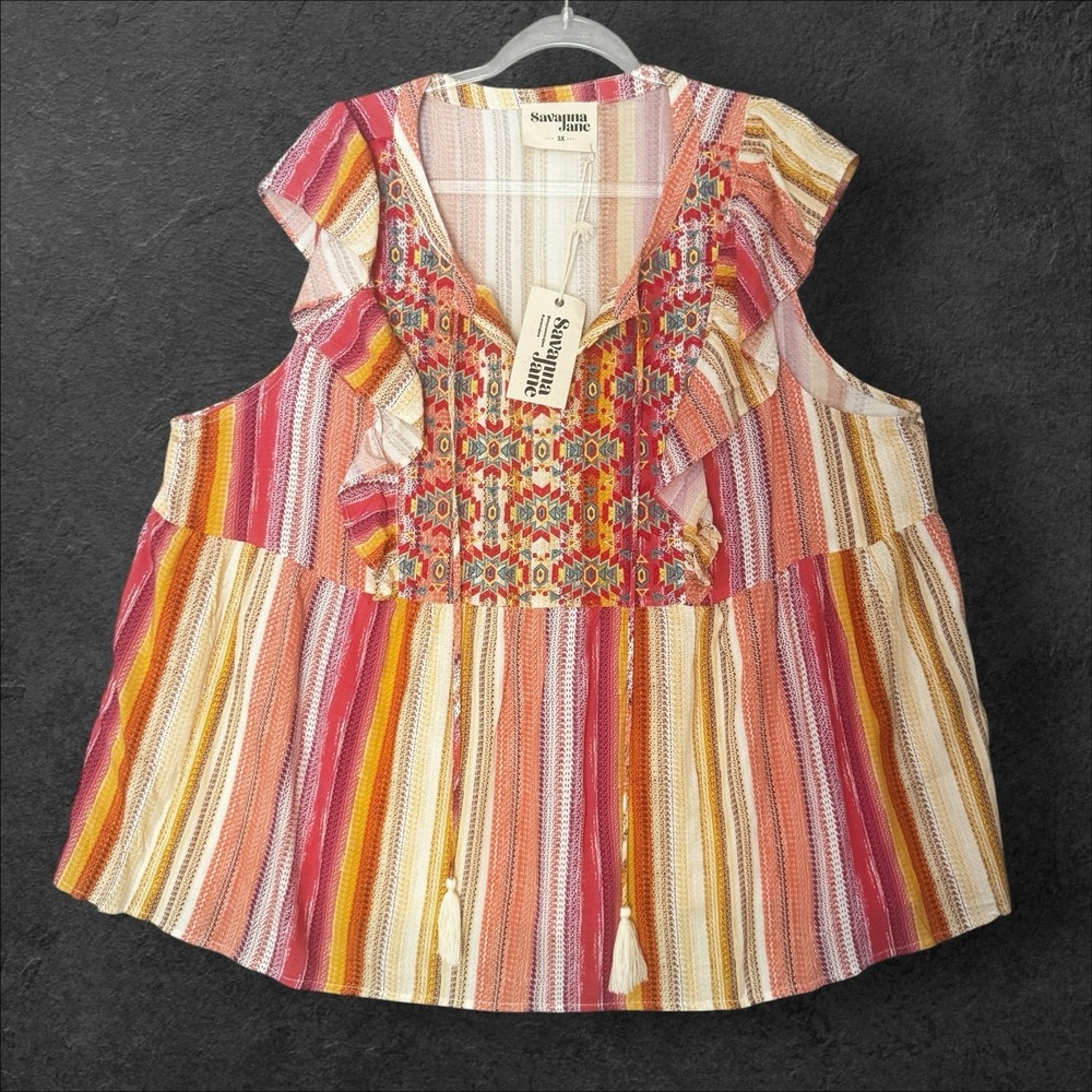 Savanna Jane 3X Embroidered Peasant Blouse Top Boho Colorful Hippie Haylee Aztec